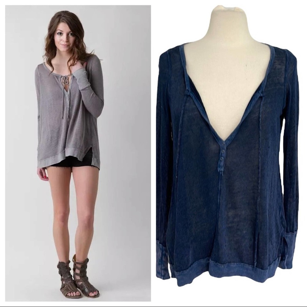 FREE People Open Weave Linen Blend Henley Tunic Top Oversized SZ XS NAVY